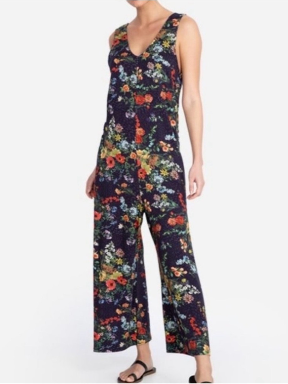 🌿 Johnny Was Multi Floral Print French Terry V-Neck Jumpsuit Size L